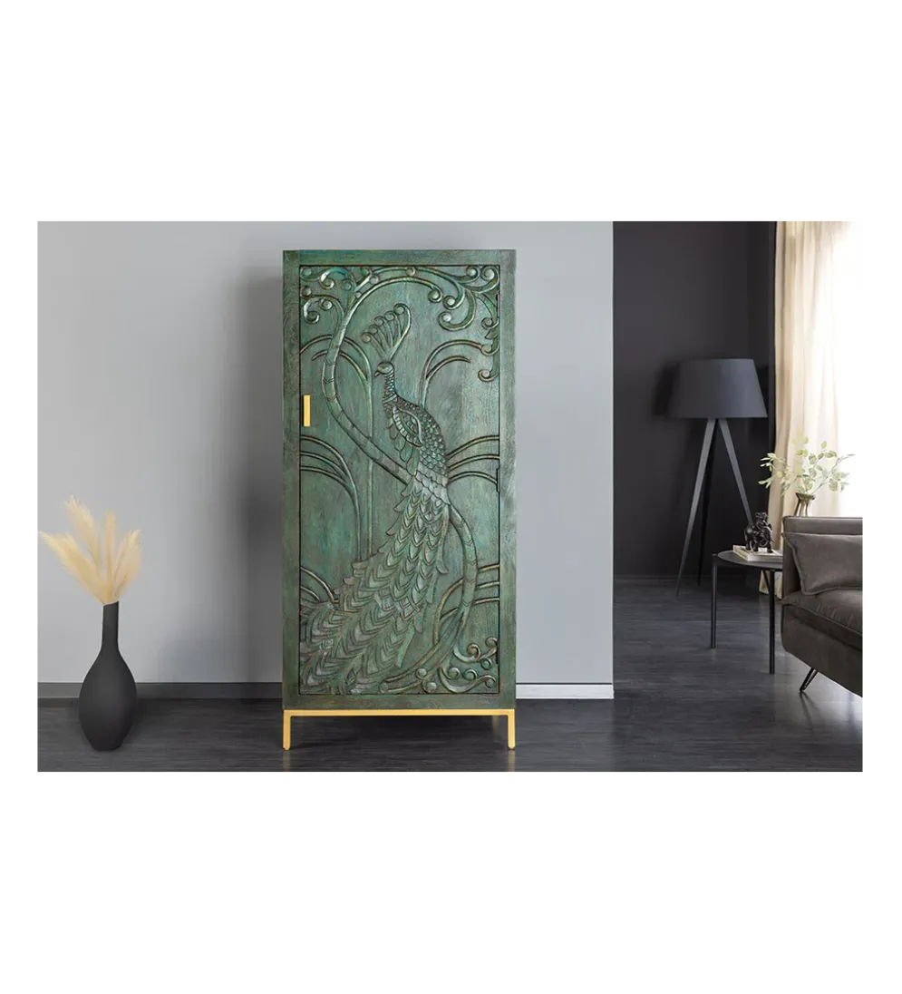 Komoda wysoka 3D PEACOCK 170 cm drewno mango antyczna zieleń