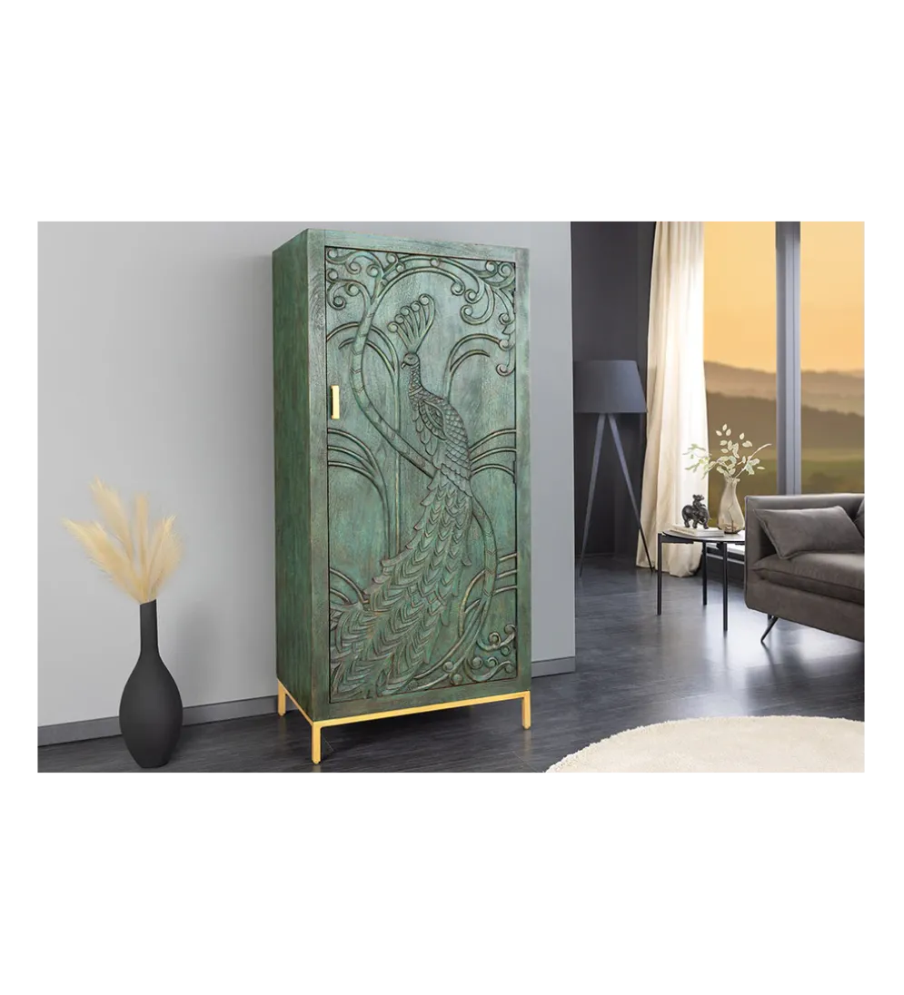Komoda wysoka 3D PEACOCK 170 cm drewno mango antyczna zieleń