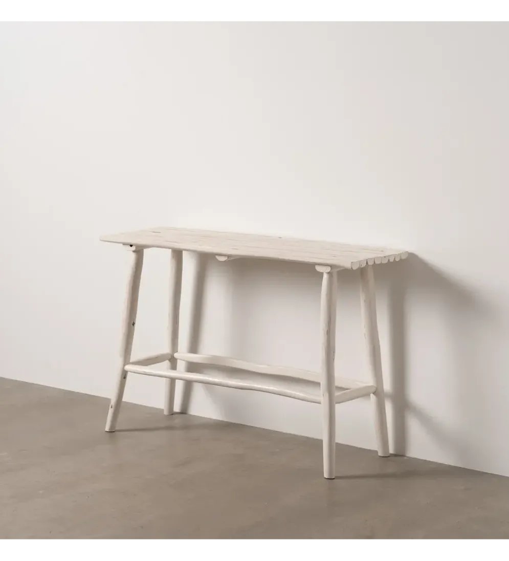 Konsola WORNYM 120 cm drewno teak biała przecierana