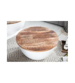 Stolik kawowy WHITE 60 cm biały z blatem z drewna Mango