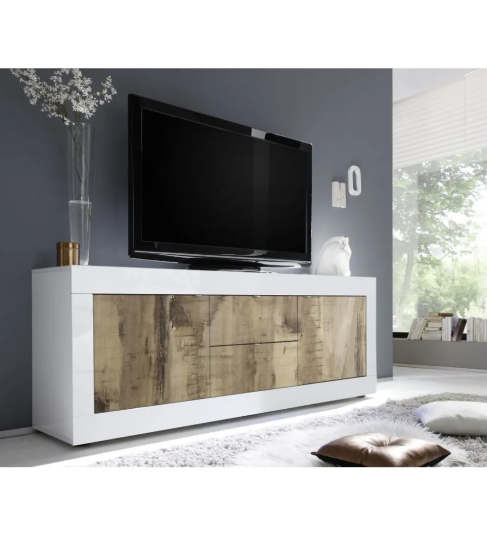 Stolik pod TV BASIC 210 cm biała z dodatkiem koloru klon Pero