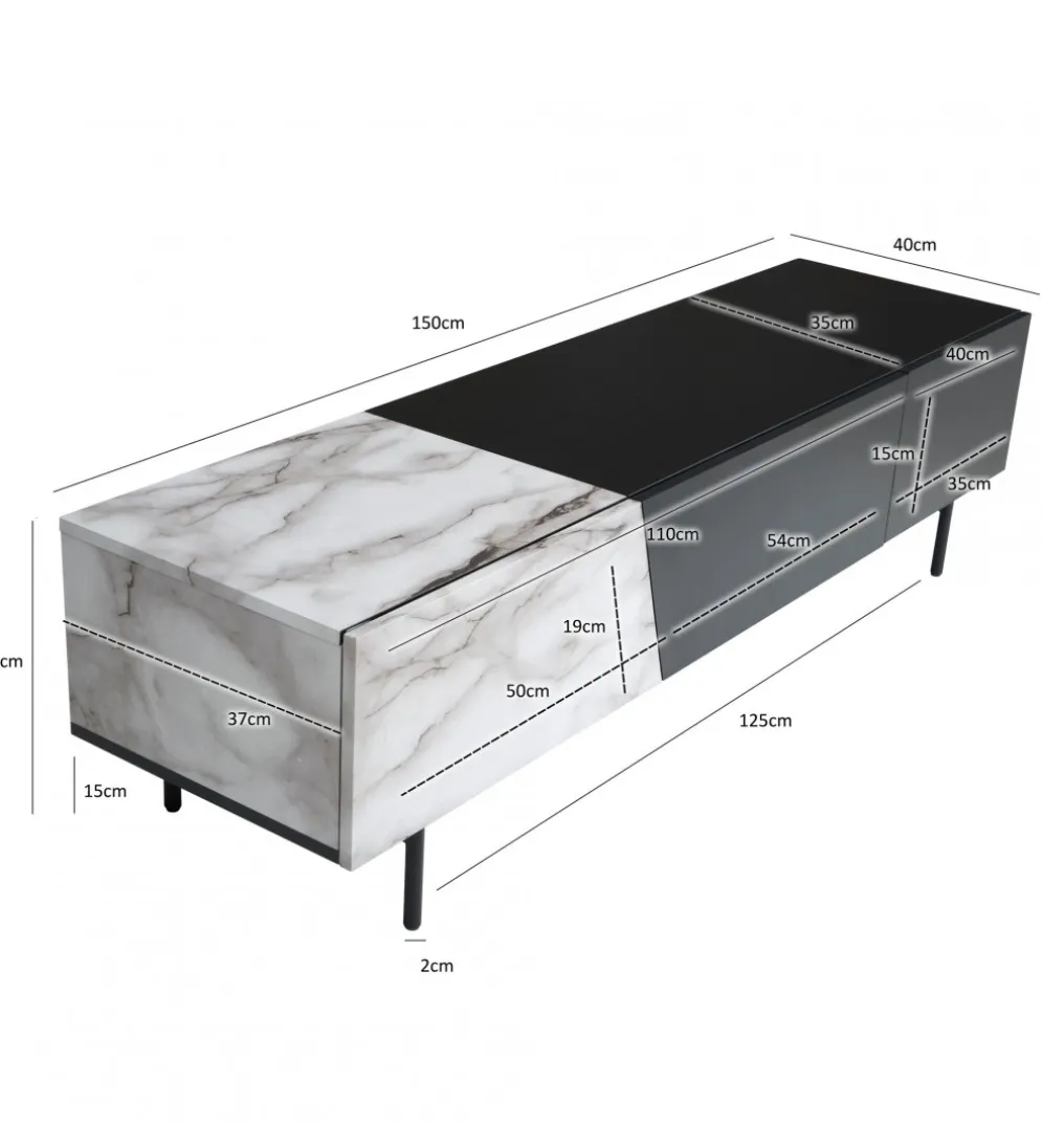 Stolik pod TV BONNA 150 cm czarna z optyką białego marmuru