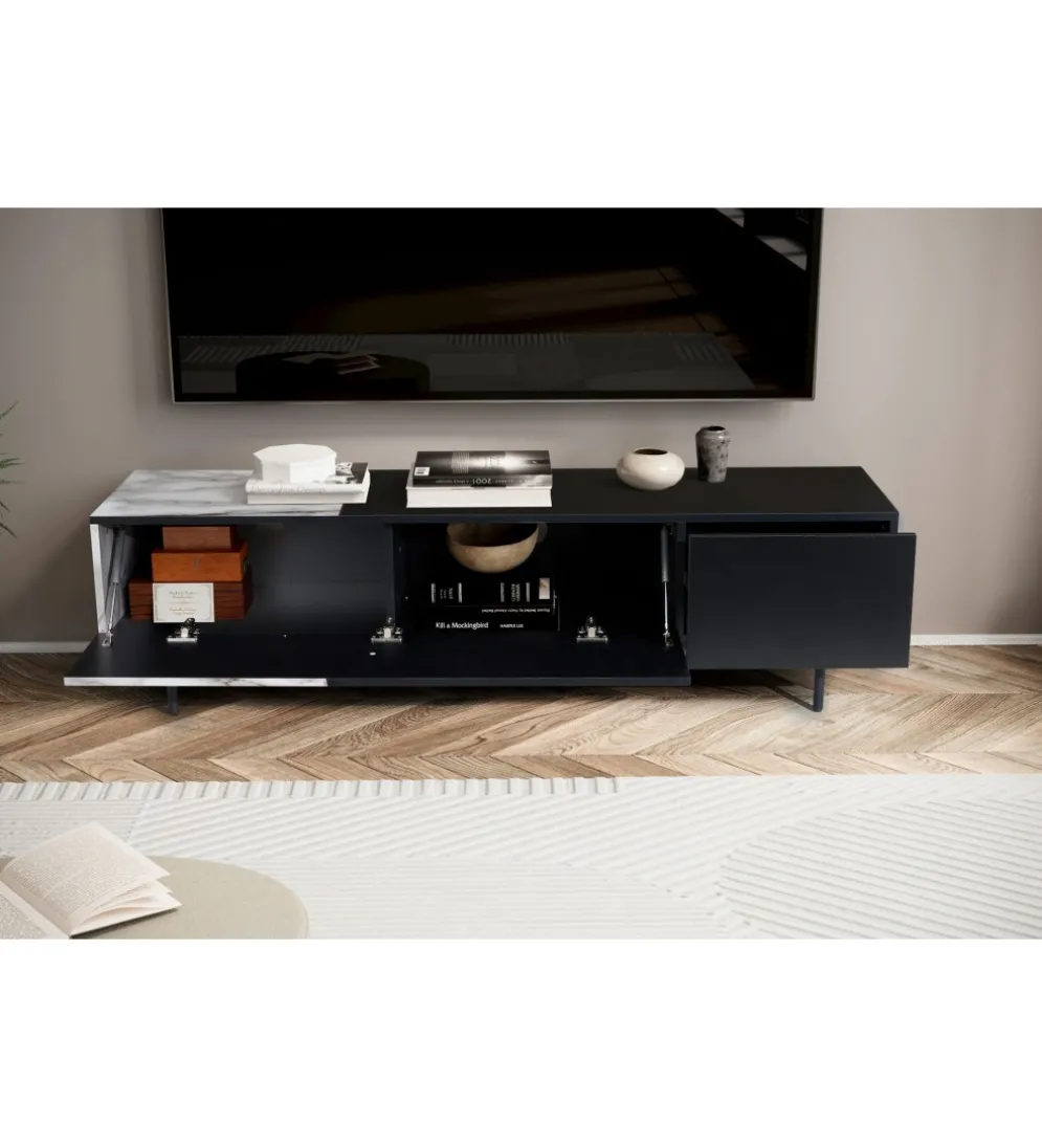 Stolik pod TV BONNA 150 cm czarna z optyką białego marmuru