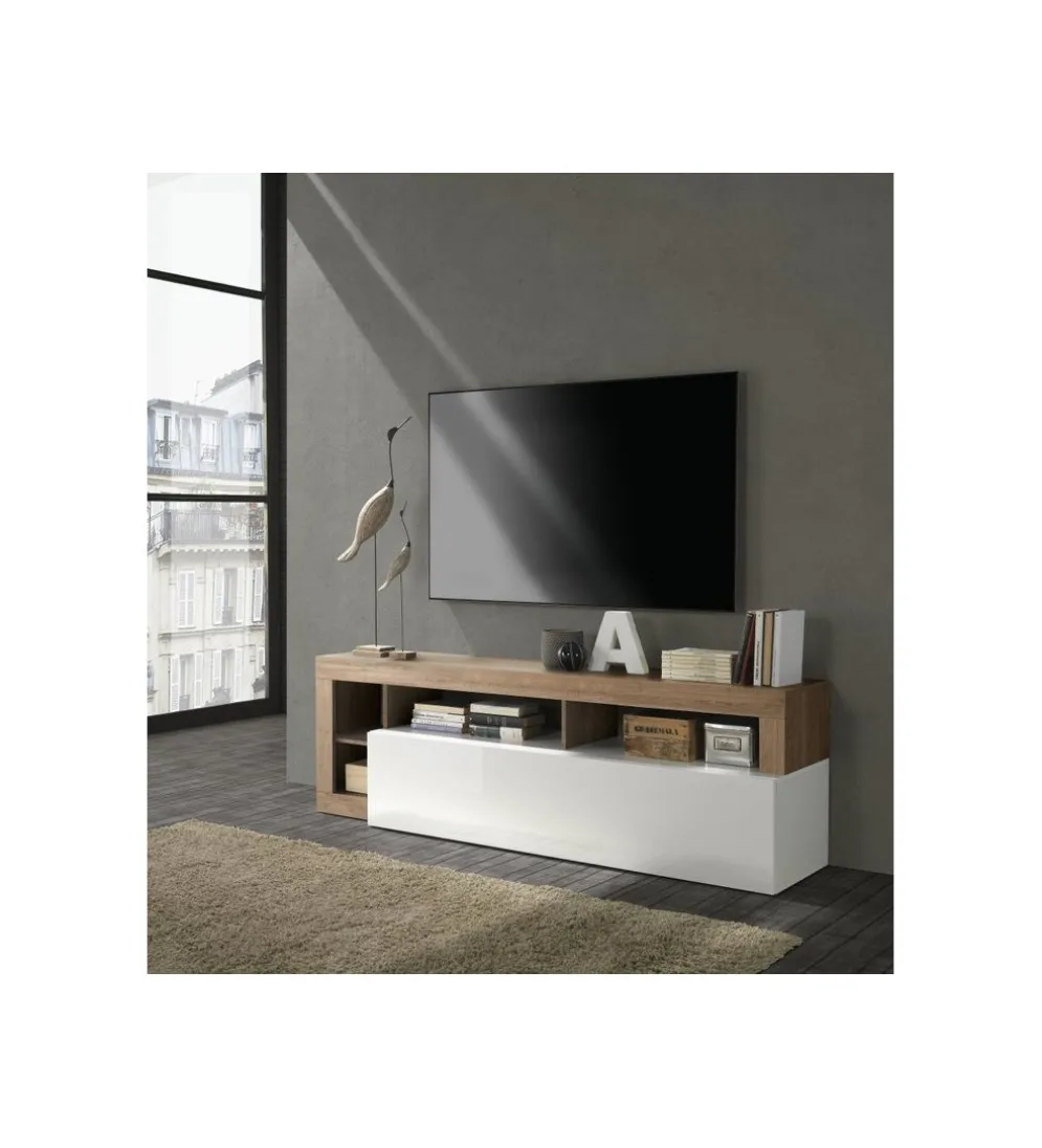 Stolik pod Tv HAMBURG 184 cm biała z dodatkiem dąb Mercure