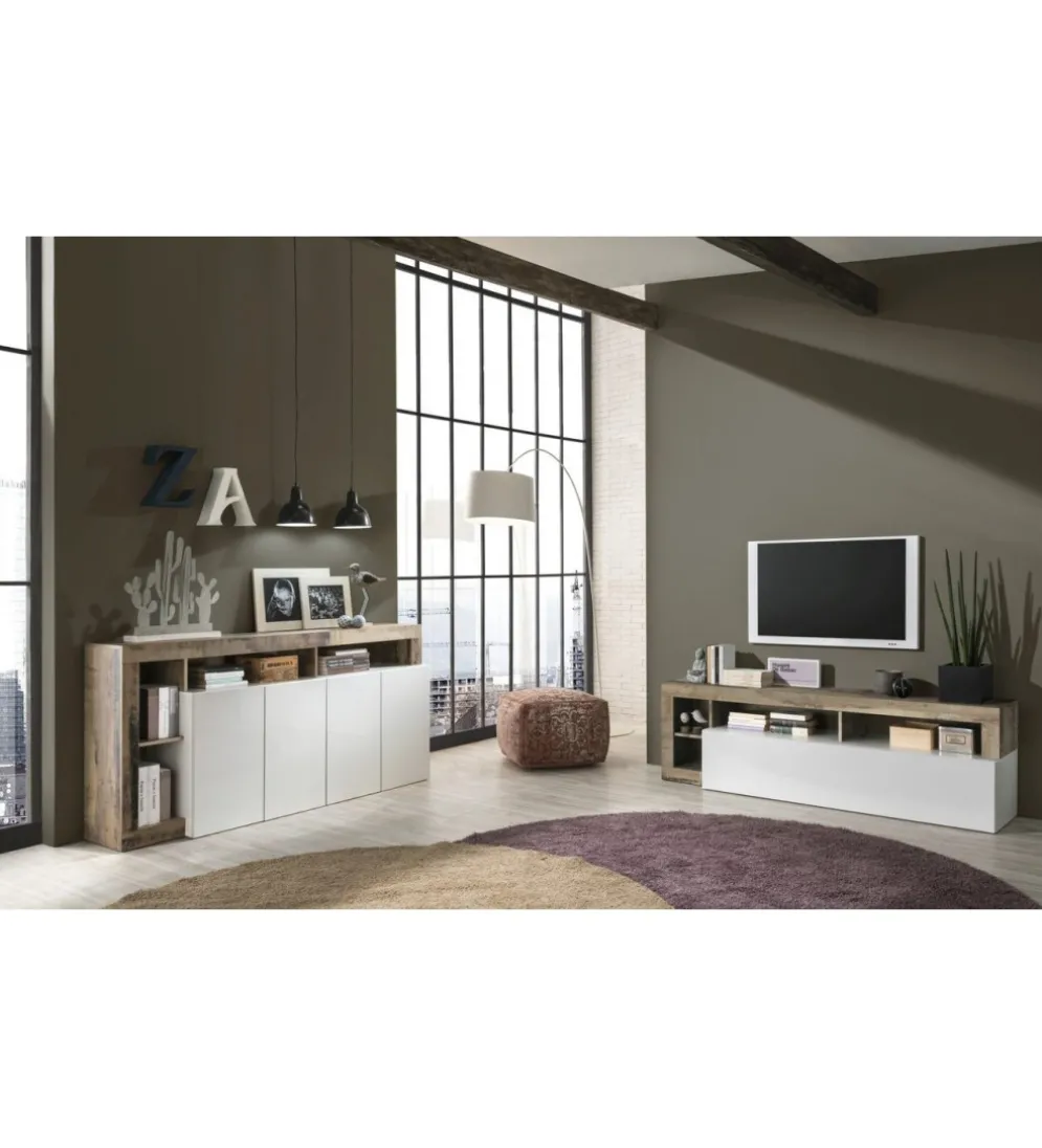 Stolik pod TV HAMBURG 184 cm biały z dodatkiem klon Pero
