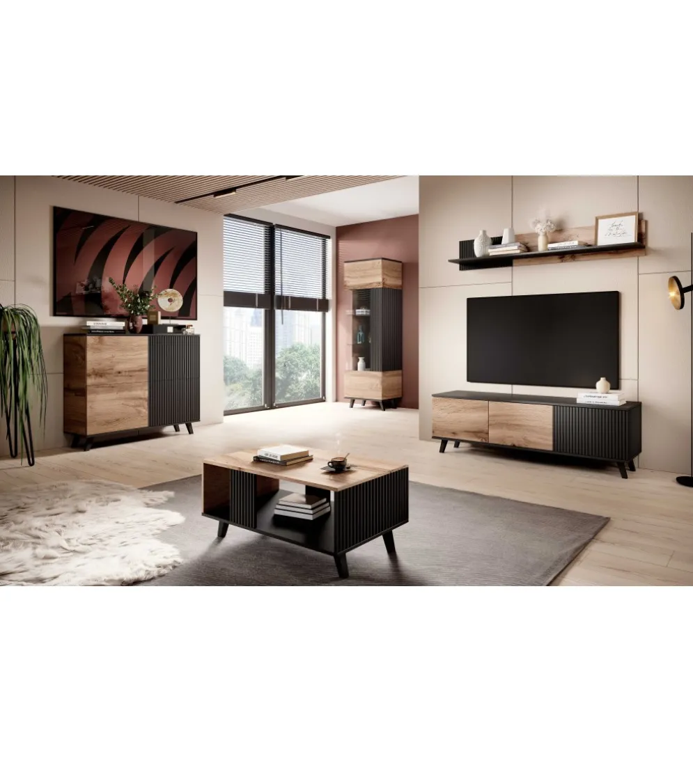 Stolik pod TV RANDOM 150 cm w kolorze dąb wotan z kolorem czarnym