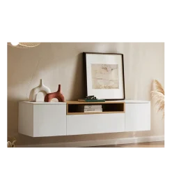 Stolik pod TV wiszący LOFT 160 cm biało naturalna