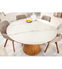 Stół UNIQUE 120 cm drewno dębowe blat ceramika w optyce białego marmuru