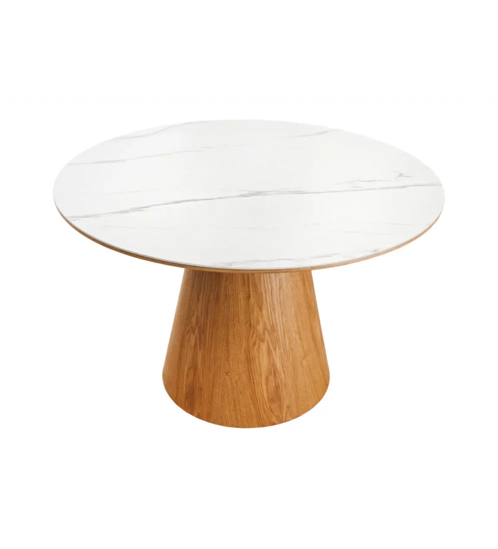 Stół UNIQUE 120 cm drewno dębowe blat ceramika w optyce białego marmuru