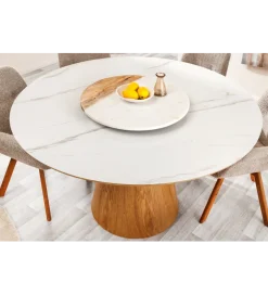 Stół UNIQUE 120 cm drewno dębowe blat ceramika w optyce białego marmuru