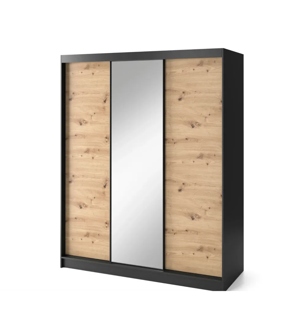 Szafa przesuwna Esville III z lustrem 180 cm w optyce Dąb artisan/Czarny mat