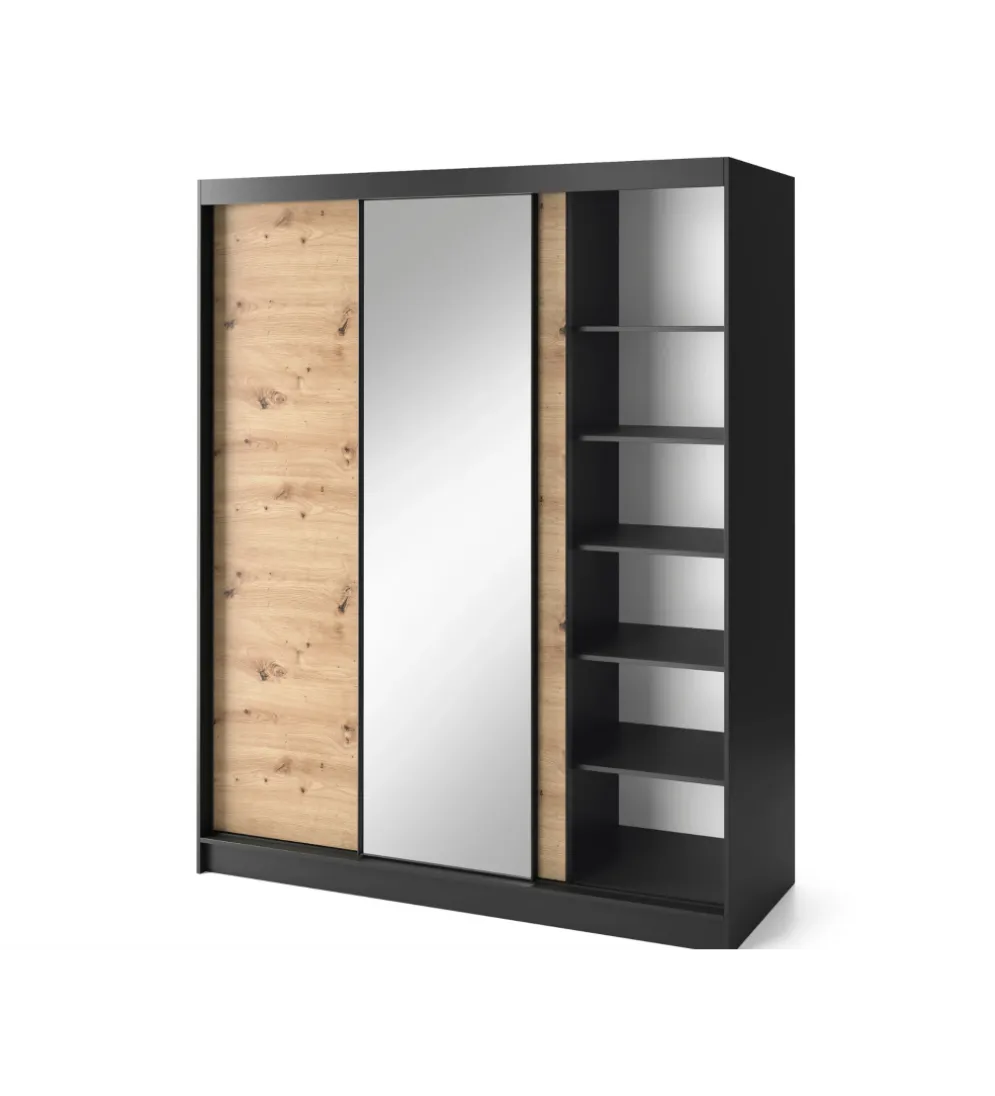 Szafa przesuwna Esville III z lustrem 180 cm w optyce Dąb artisan/Czarny mat