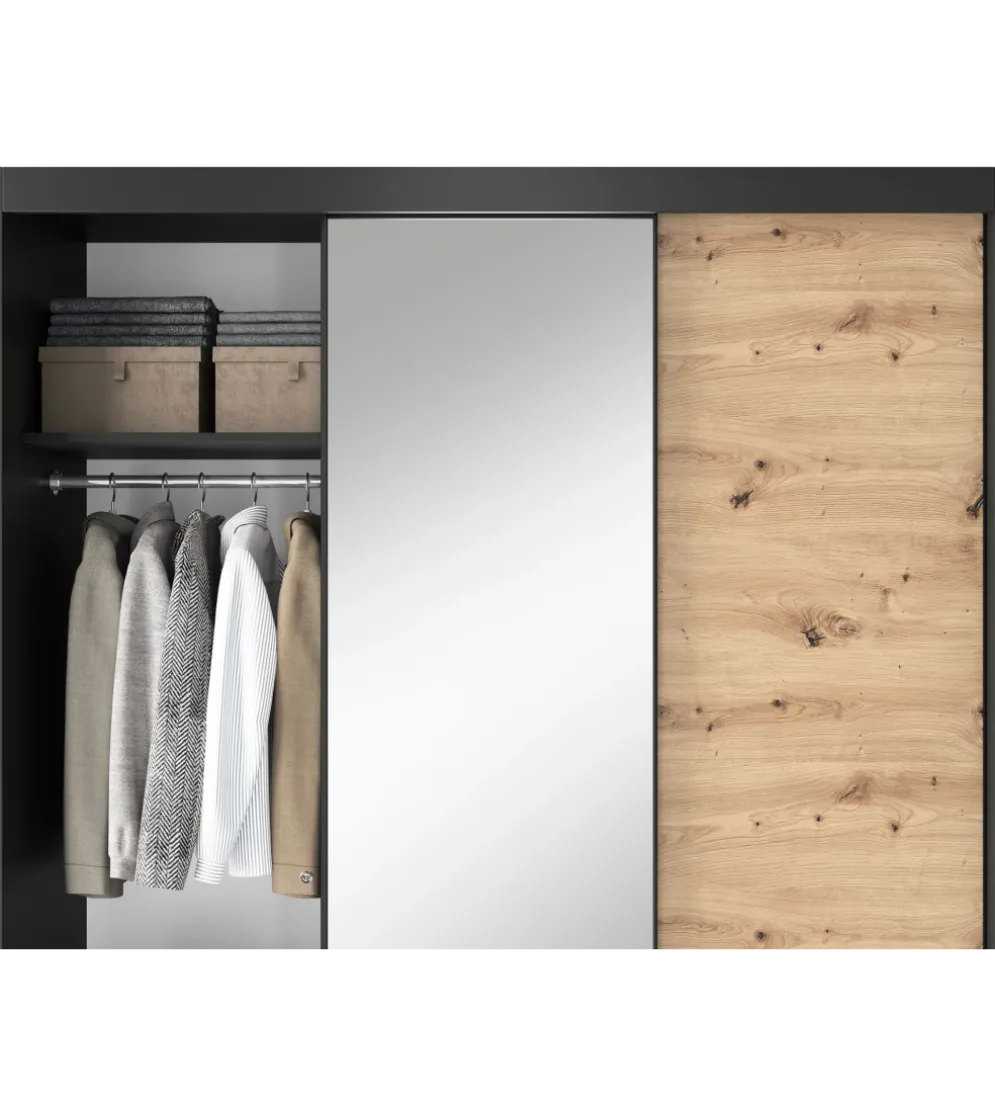 Szafa przesuwna Esville III z lustrem 180 cm w optyce Dąb artisan/Czarny mat