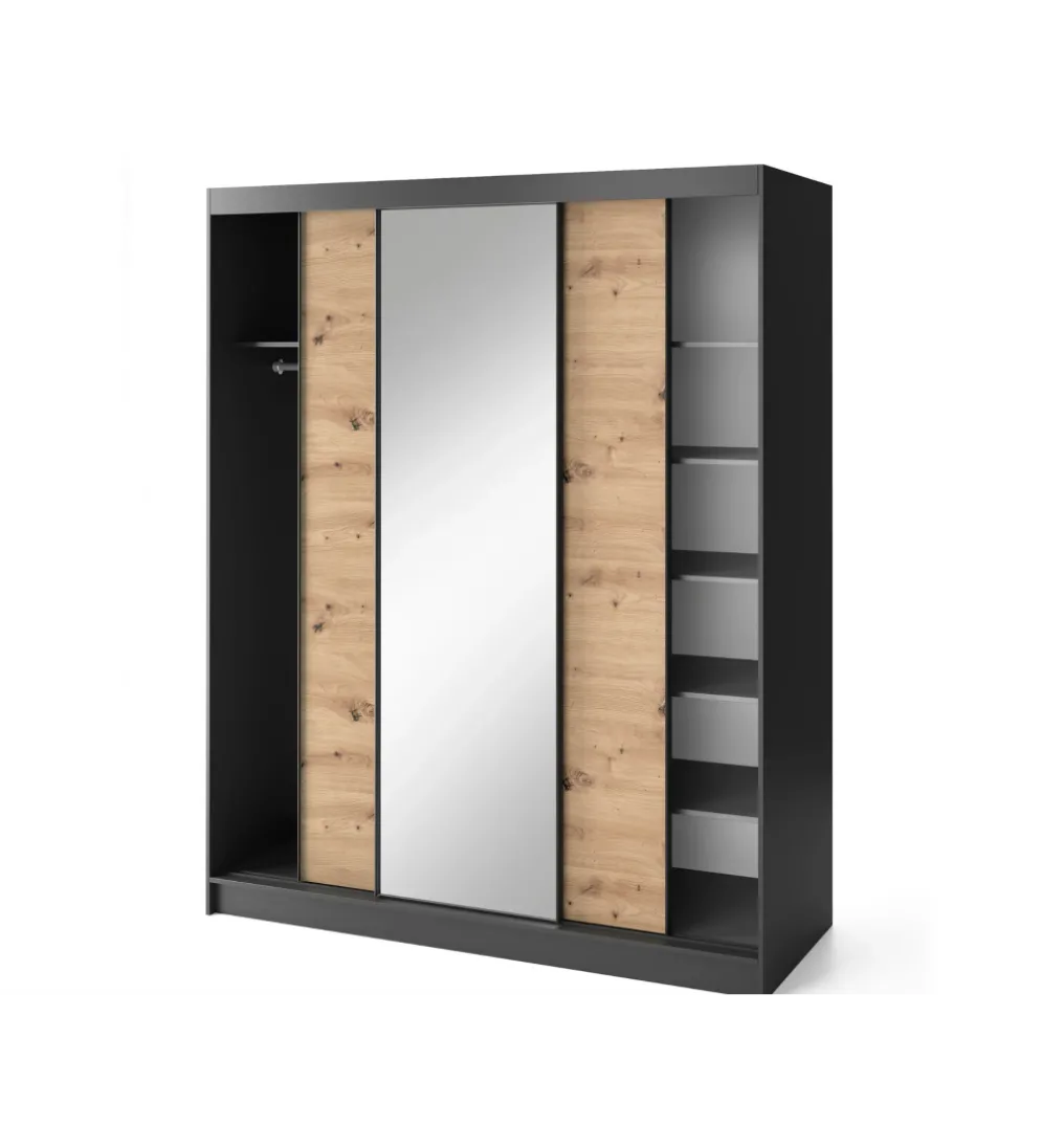 Szafa przesuwna Esville III z lustrem 180 cm w optyce Dąb artisan/Czarny mat