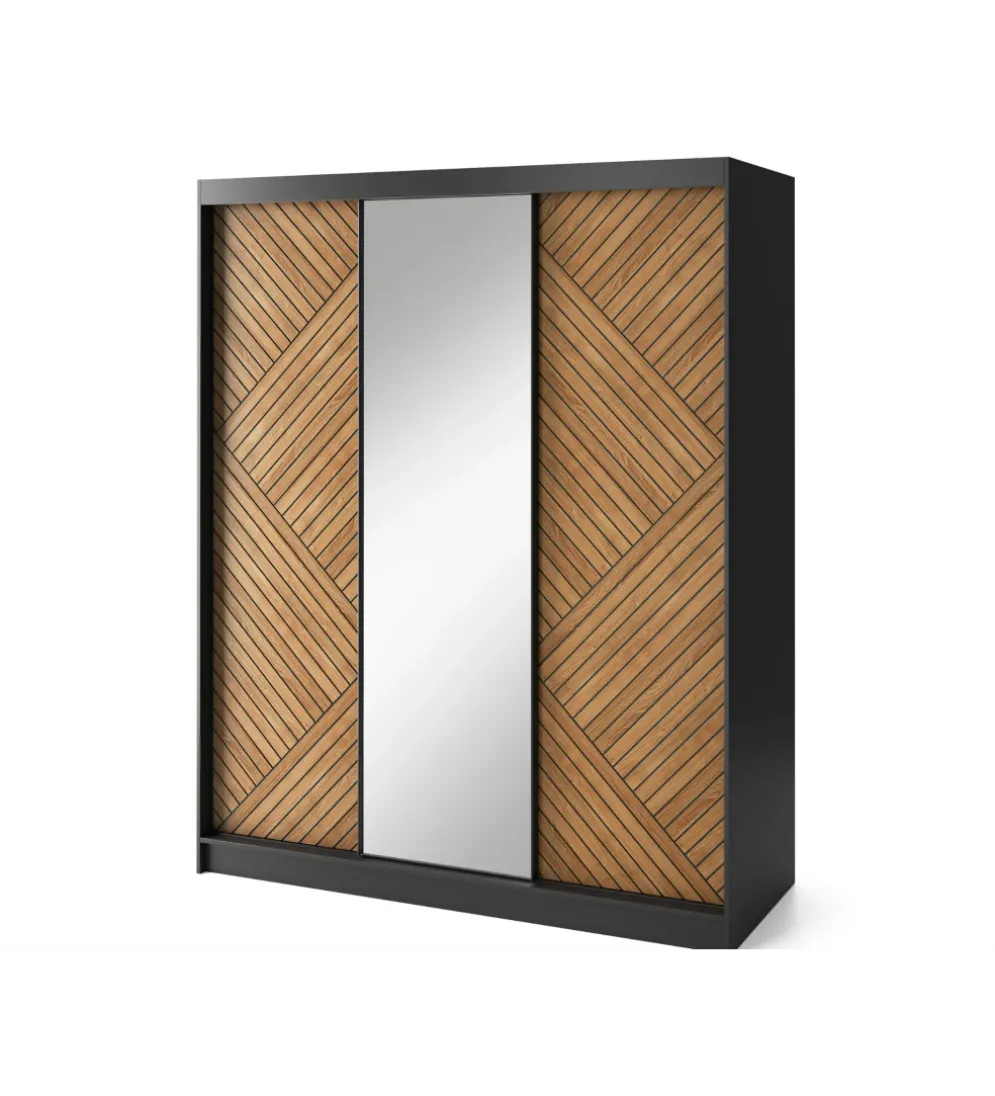 Szafa przesuwna Marrphy III z lustrem 180 cm czarny/dąb caramel