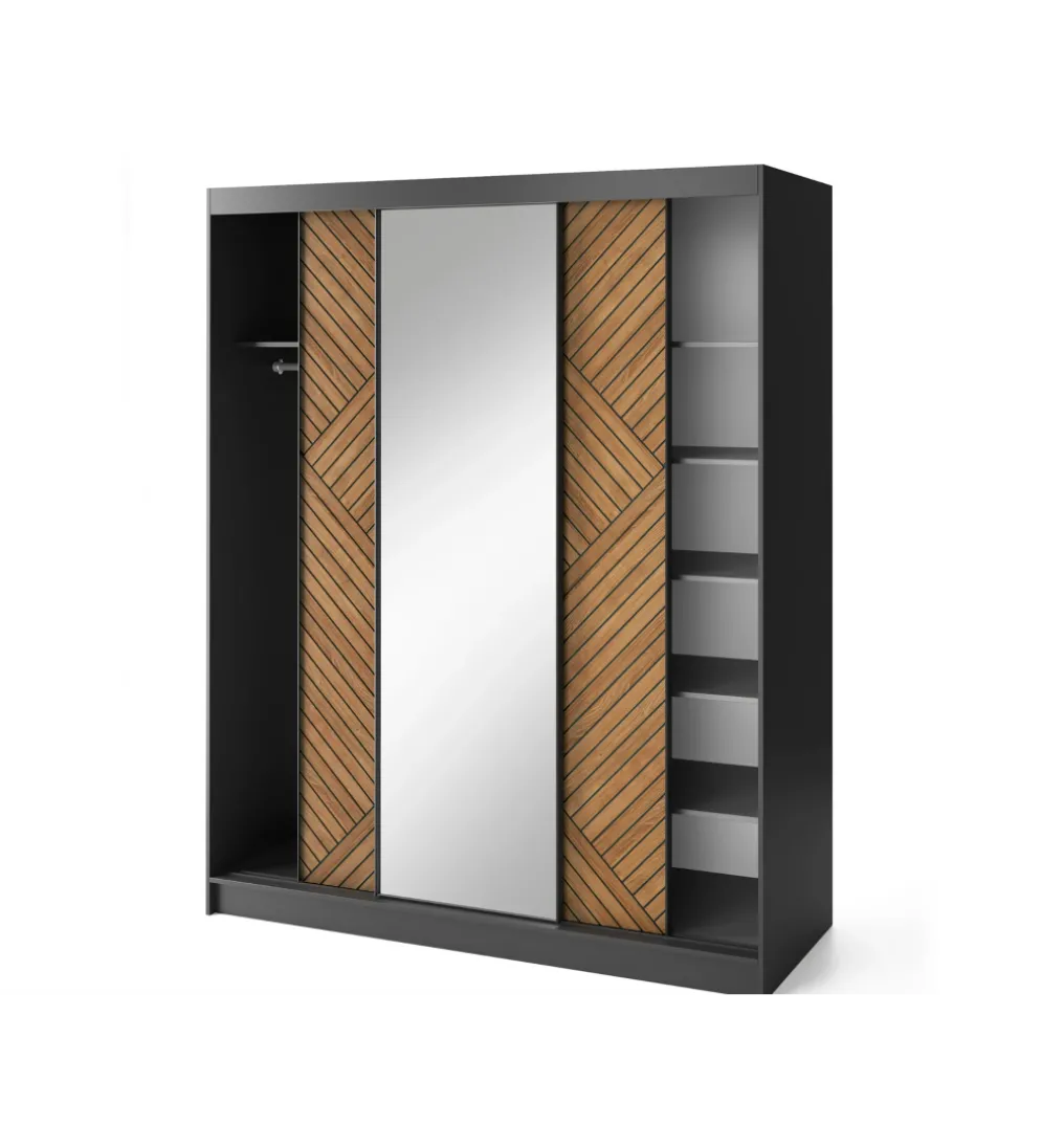 Szafa przesuwna Marrphy III z lustrem 180 cm czarny/dąb caramel